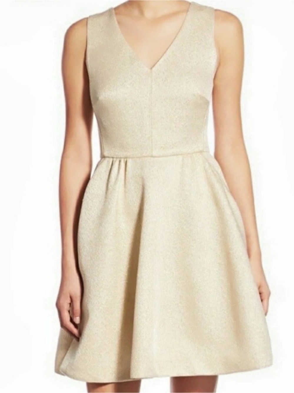 Vineyard Vines Gold Metallic V-Neck Sleeveless Flare Dress Gold & White Size 16